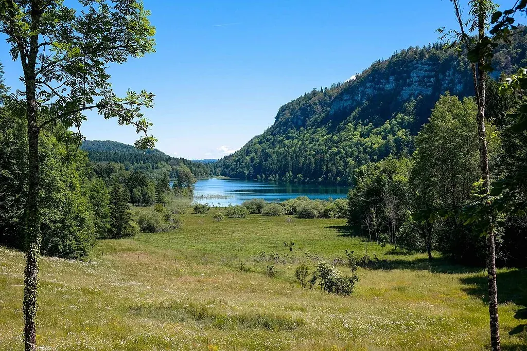 Grand Lac Maclu au pied des reliefs boisés du Jura