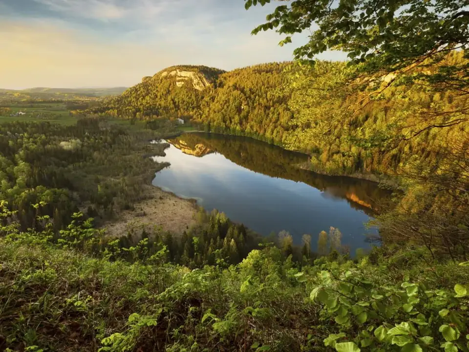 Lac de Bonlieu entouré de forêts jurassiennes