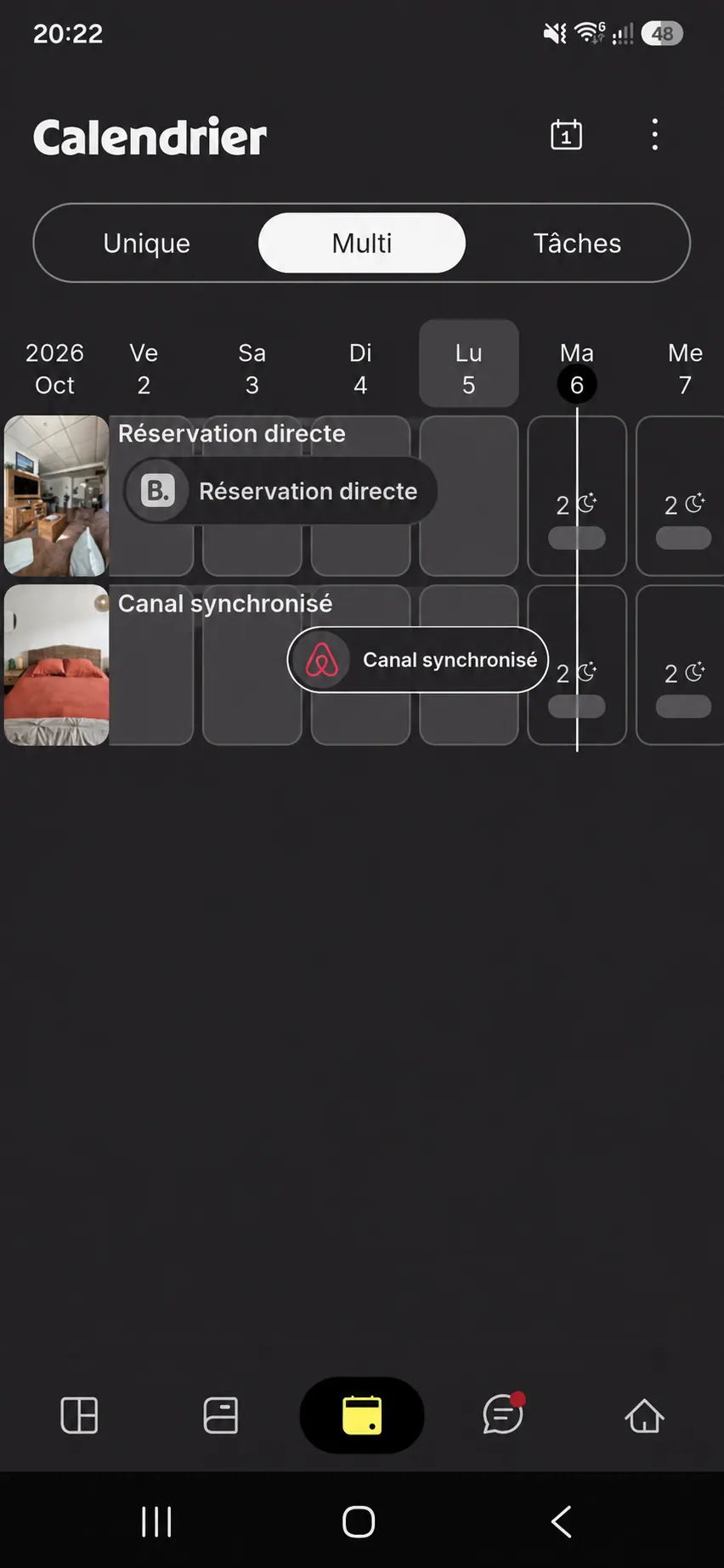 Calendrier multicanal anonymisé affichant des réservations directes et synchronisées